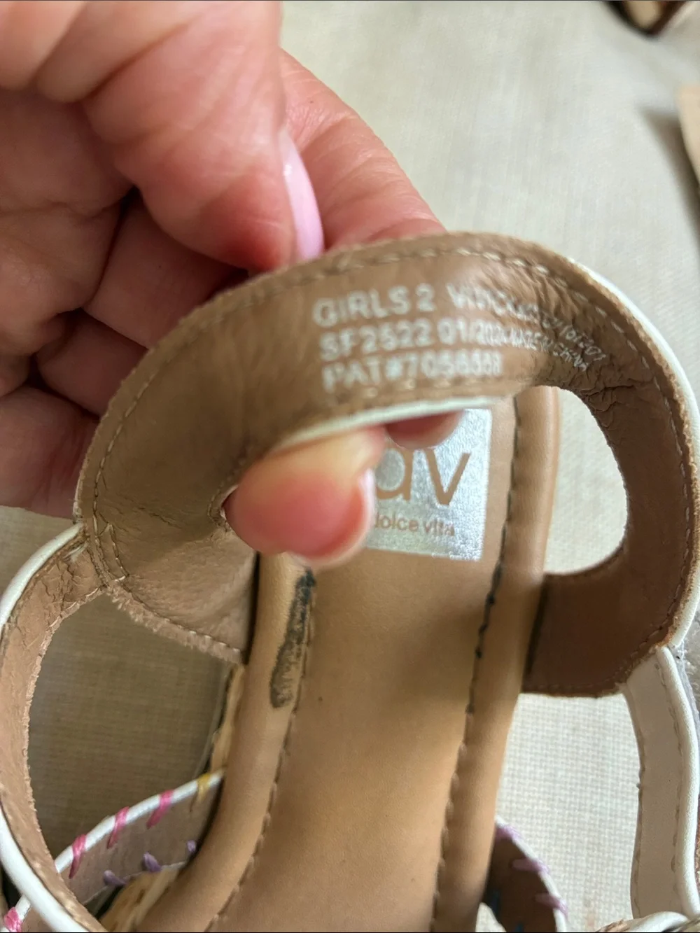 DV by Dolce Vita Girls White Leather Sandals with Multicolor Stitching